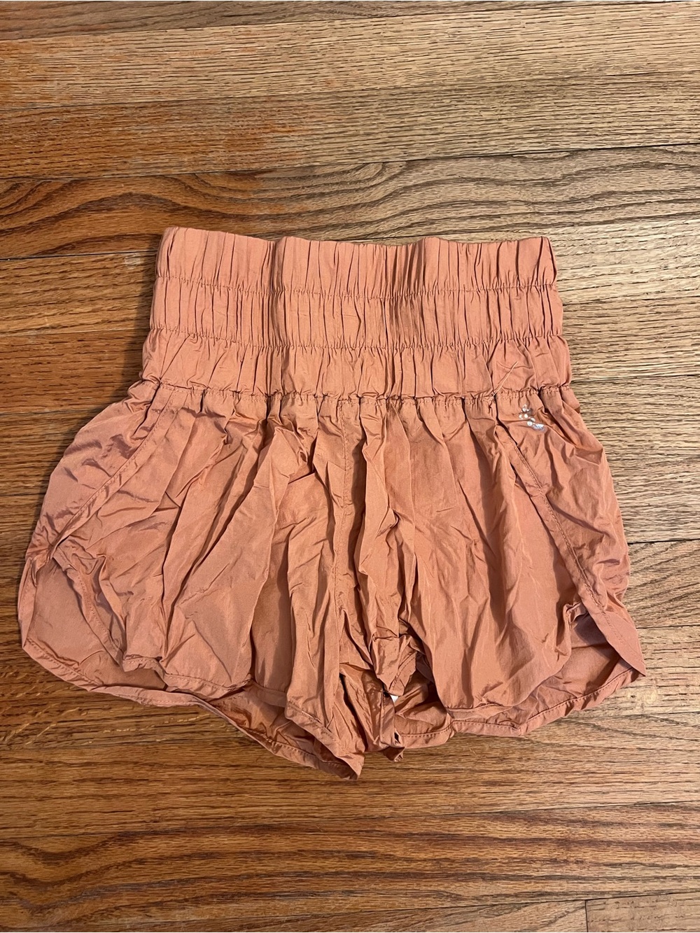 FP Movement by Free People High-Waist Smocked Athletic Shorts in Dusty Coral